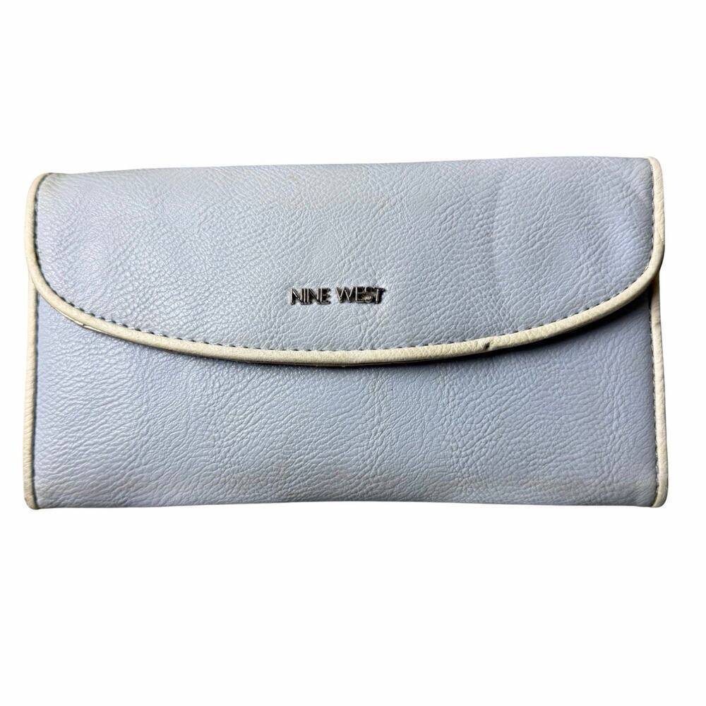 Nine West Light Blue White Piping Gold Interior Wide Envelope Wallet
